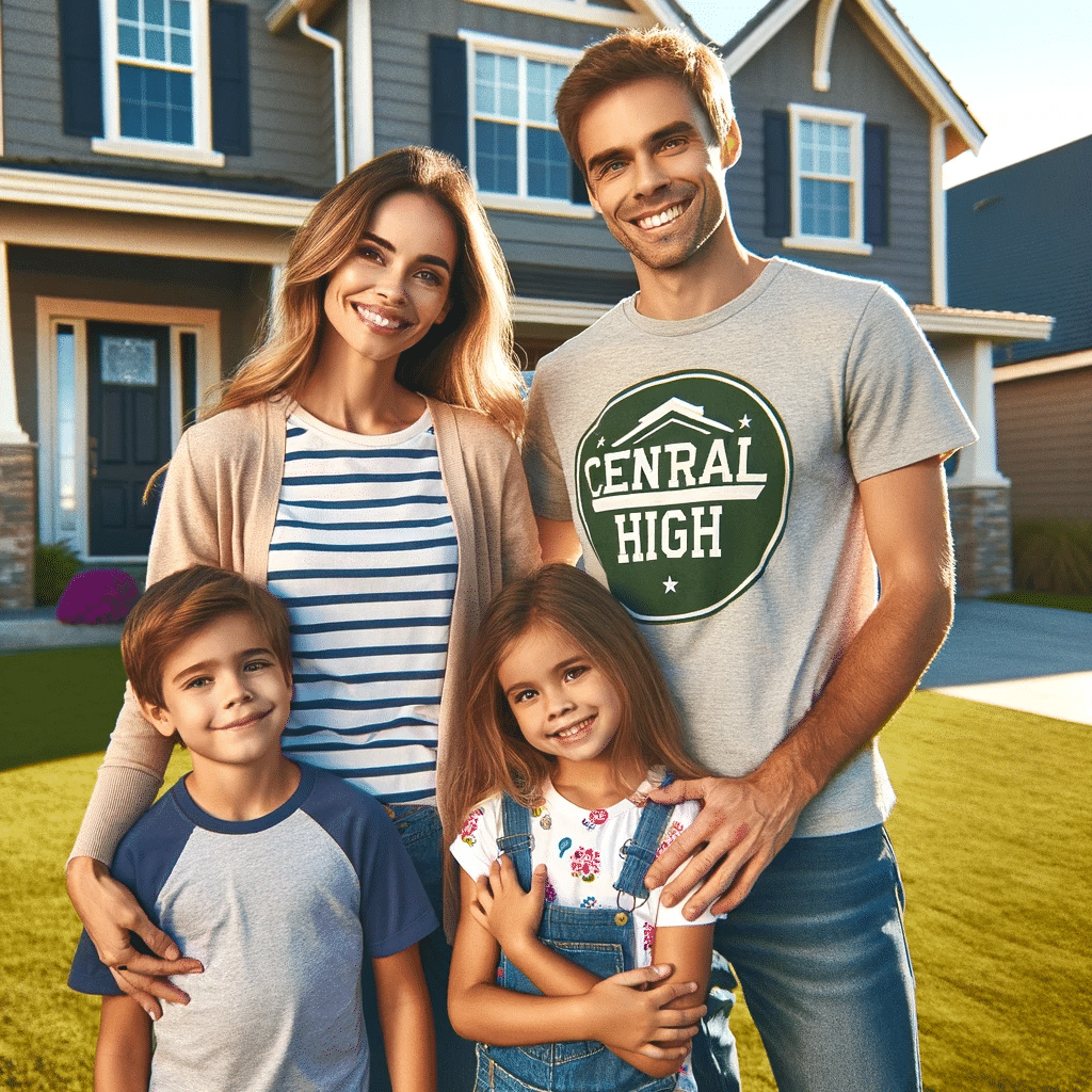 A happy family of four, including a husband, a wife, and two children, stands smiling outside their suburban home. The older son, a teenager, is prominently wearing a local 'Central High' t-shirt. The family is casually dressed, with the suburban house and a well-maintained lawn in the background, under a clear, sunny sky.