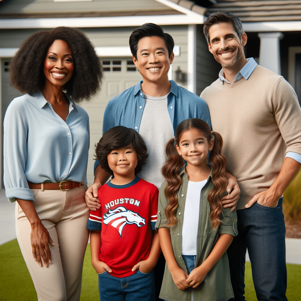 Image of a happy suburban family of four standing in front of their two-story house. The family consists of a father wearing a blue polo and khaki pants, a mother in a floral dress, a hispanic son in a red 'Houston Mustangs' t-shirt and blue jeans, and a daughter in a pink dress with a ponytail. The house has a well-kept lawn and a white picket fence