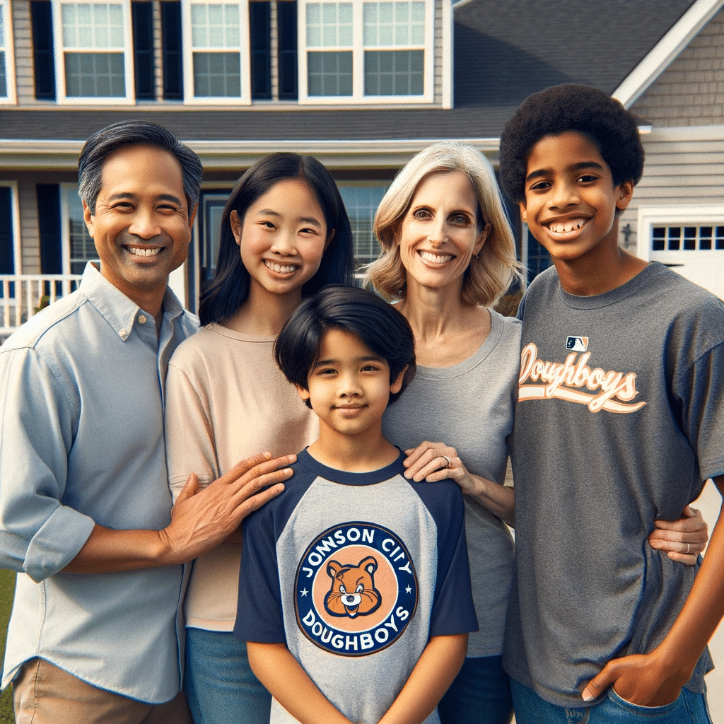 A joyful family of four standing in front of their suburban home in Johnson City, Tennessee. The family consists of a husband, a wife, a daughter, and a son. The daughter, standing beside her family, is wearing a shirt featuring the logo of the Johnson City Doughboys, the local baseball team. The family is posing on the well-maintained lawn in front of their home, which has a visible driveway. The setting is serene and suburban, and the family's posture and expressions radiate warmth and close family bonds