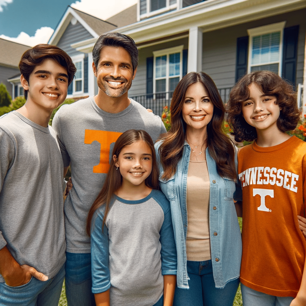 A happy, diverse family standing in front of their suburban home in Knoxville, Tennessee. The family includes a husband, a wife, and their two children, a boy and a girl. The son, wearing an orange University of Tennessee shirt, stands beside his sister, both smiling at the camera. The parents are beside them, also smiling. The house in the background features a green lawn and a clear blue sky.