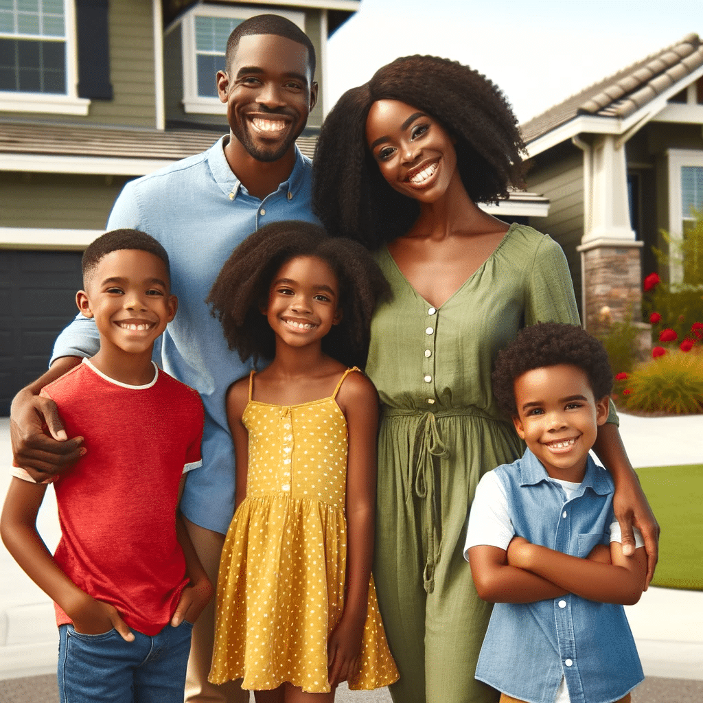 Portrait of a smiling family of five standing in front of their home. The family consists of a father, a mother, two boys, and a girl. The father is wearing a light blue shirt, the mother is in a green dress, the boys are in casual shirts and jeans, and the girl is wearing a yellow polka-dot dress. They appear happy and content, posing for the camera on a sunny day with their house and a landscaped yard in the background.