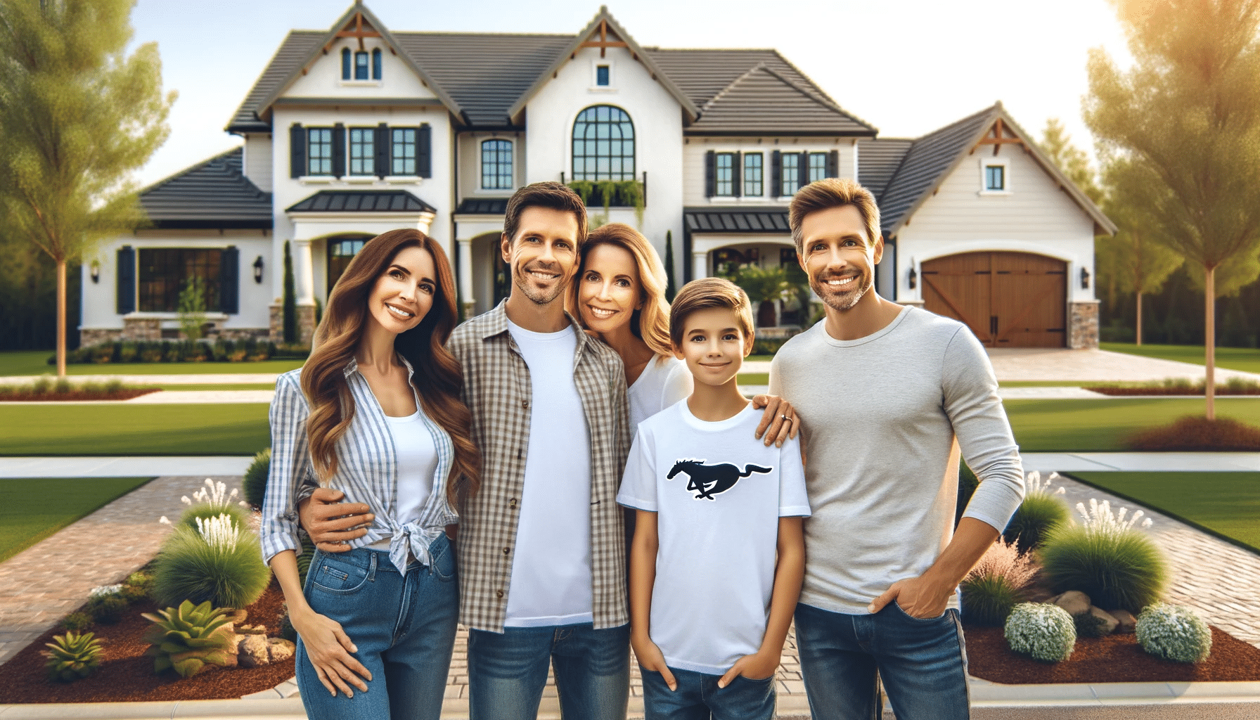 Photograph of a smiling white family of five standing in front of a two-story suburban house with a manicured lawn. The family consists of a husband, a wife, a nephew, son, and a daughter wearing a Mustang shirt. The setting is sunny with clear blue skies.