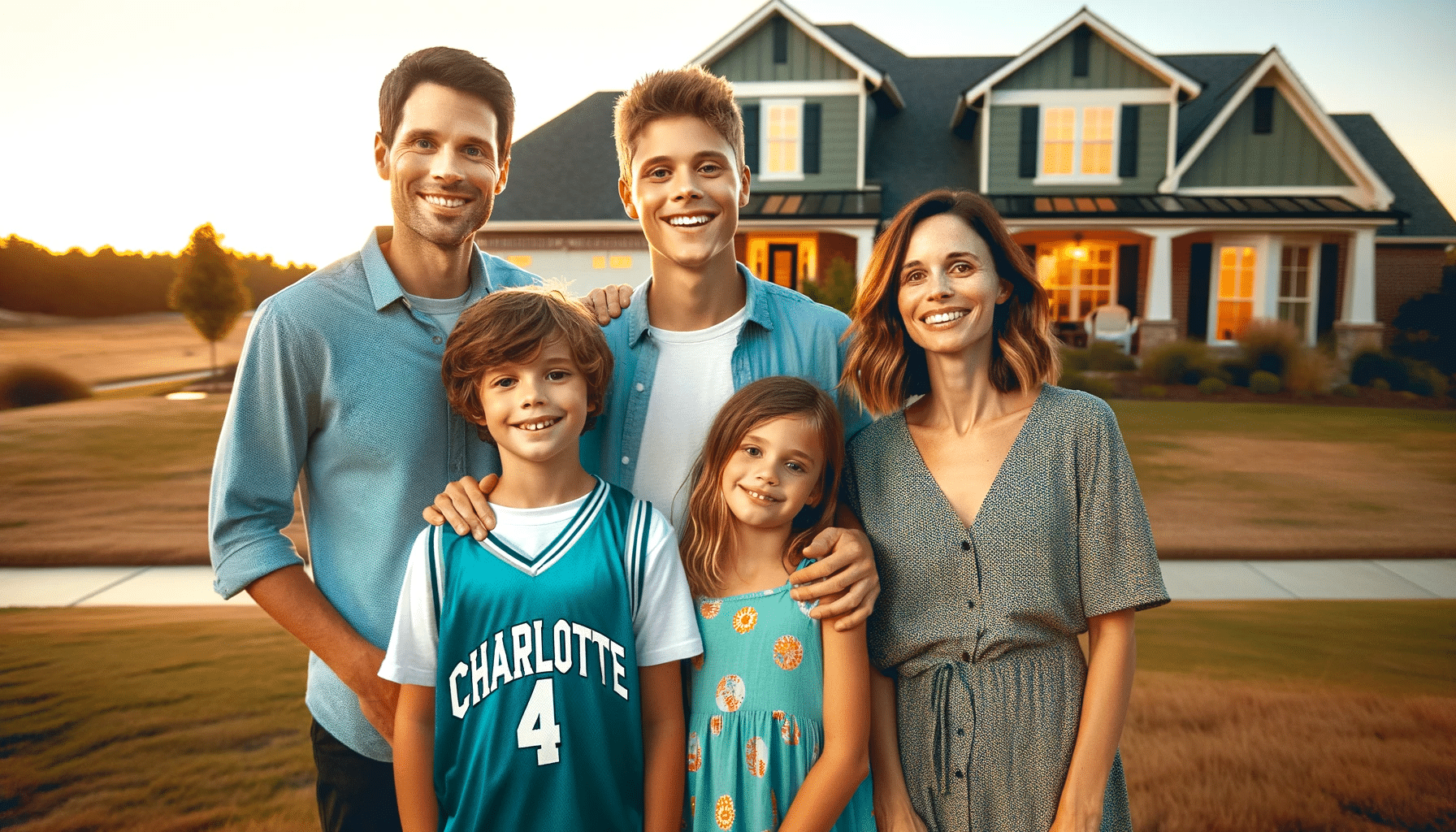 Smiling family of four standing in front of their two-story suburban home at sunset, with the son wearing a teal 'Charlotte' basketball jersey.