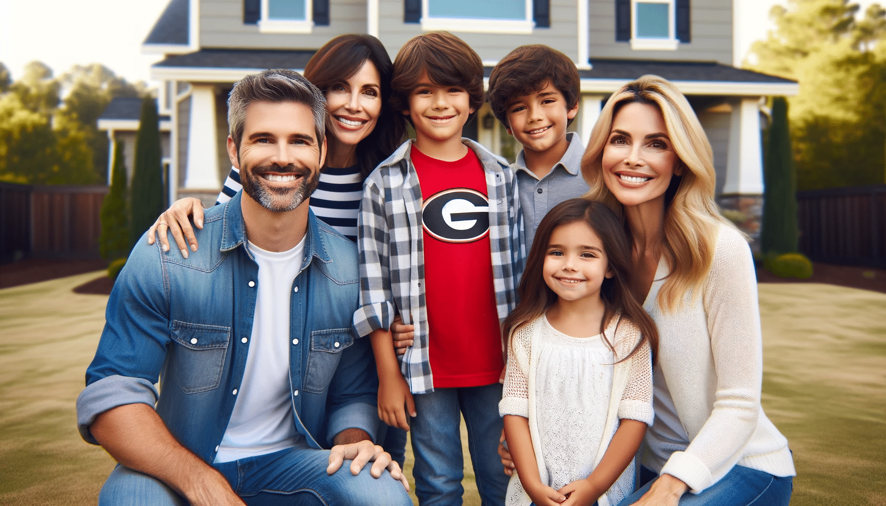 Happy family with father, mother, and two children in front of a suburban house, son wearing Georgia Bulldogs shirt