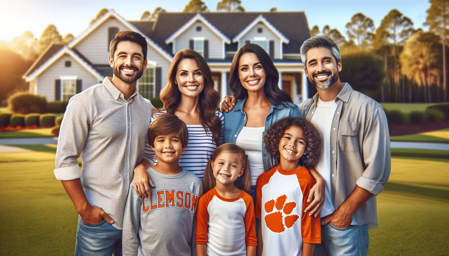 Happy family with a father, mother, and two children standing in front of a suburban house, one child wearing a Clemson Tigers shirt.