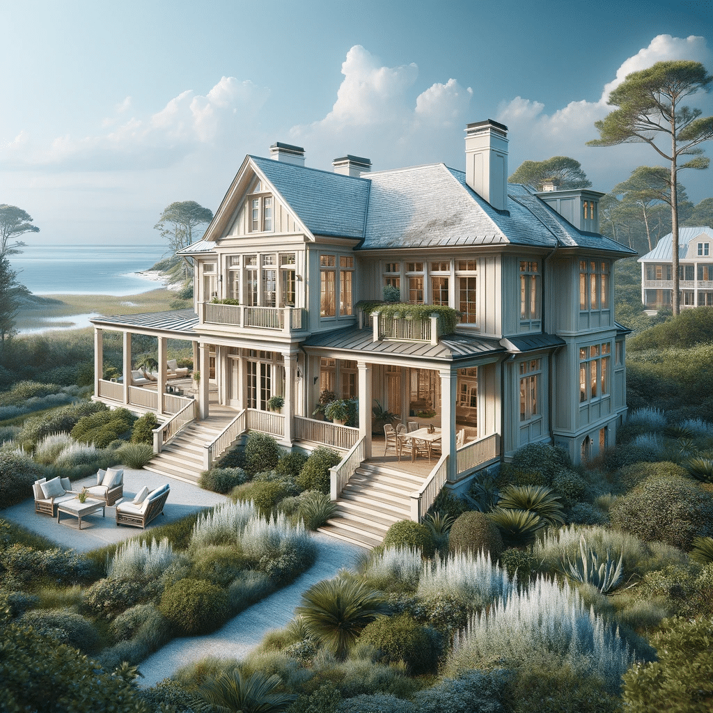 a luxurious coastal-style house in Sea Island, Georgia, featuring a light-colored exterior, large windows, and a spacious porch, surrounded by lush native vegetation with the calm blue sea in the background.