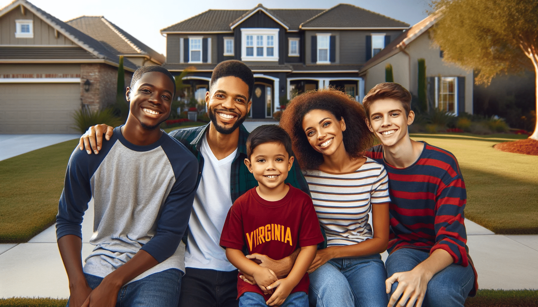 Smiling family with a husband, wife, and 2 children, one wearing a Virginia Cavaliers shirt, in front of a suburban home.