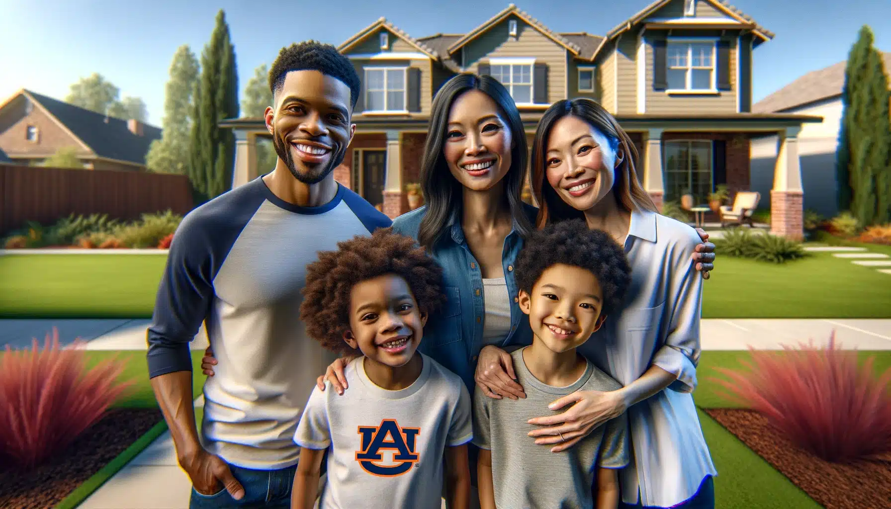 A happy family of four standing in front of their home. The father, wearing a baseball sleeve tee, and the mother, in a blue shirt, are standing behind their two children. The eldest child is wearing a white t-shirt with 'AU' logo and the youngest is in a gray shirt. They are all smiling and appear content. The house in the background is a two-story suburban home with a manicured lawn and a clear blue sky above.