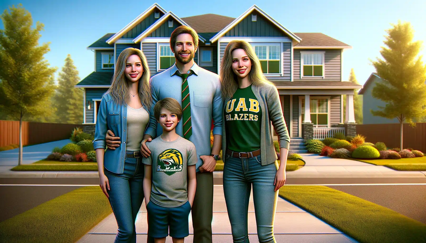 A family of four with two blonde women, a man, and a boy in front of a two-story house, smiling on a sunny day.