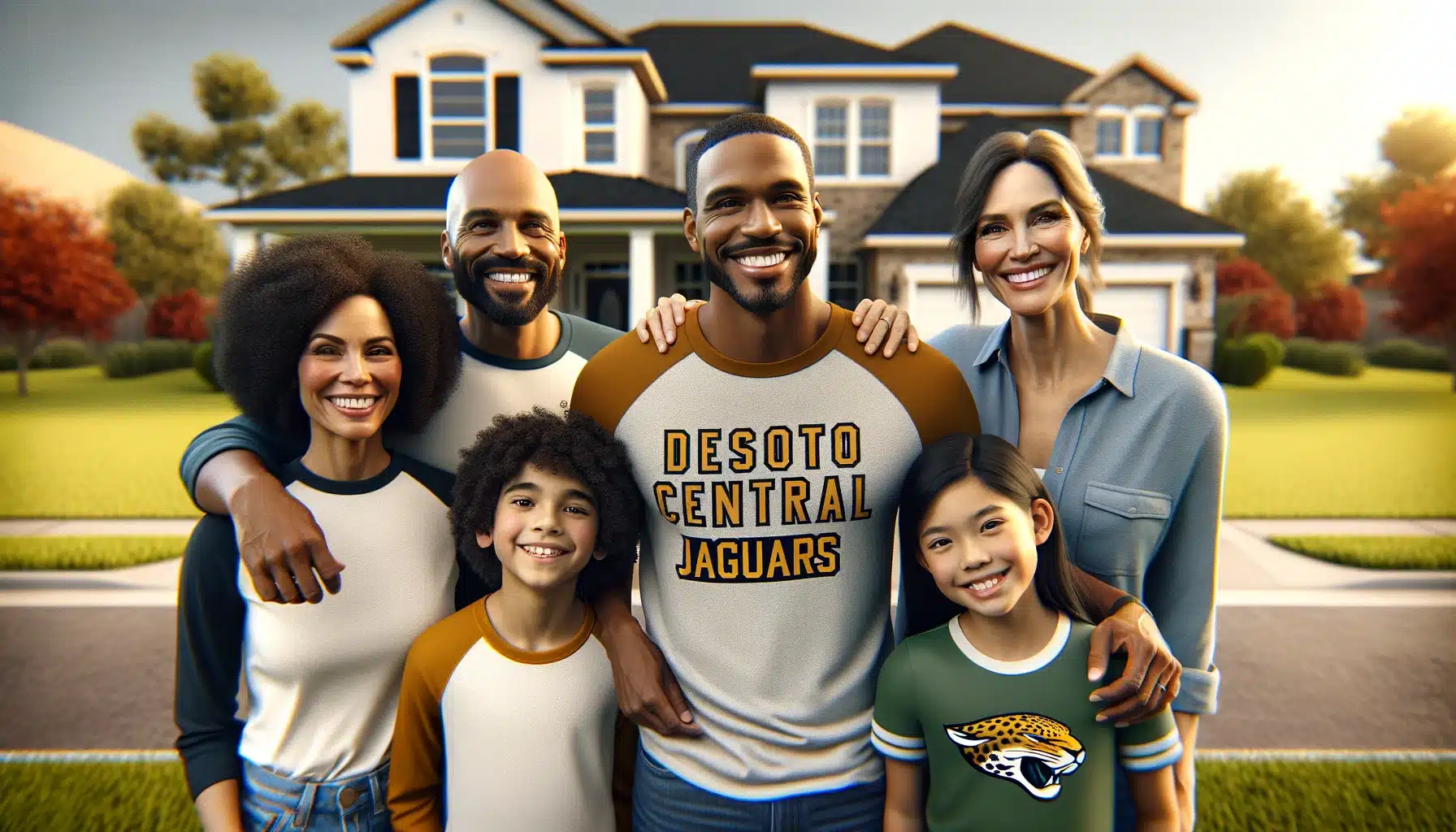 The image features a group of six individuals, likely a family, standing in front of a residential house. There are three adults and three children. The central figure is a man wearing a sports jersey with "DESOTO CENTRAL JAGUARS" written on it, suggesting an affiliation with a school or local sports team. On his right is a woman with shoulder-length hair, and on his left, a bald man. In front of the group are three children, two of whom are wearing tops with sports-themed logos. The setting appears to be a sunny day with clear skies, and the family is smiling, which conveys a sense of happiness and togetherness.