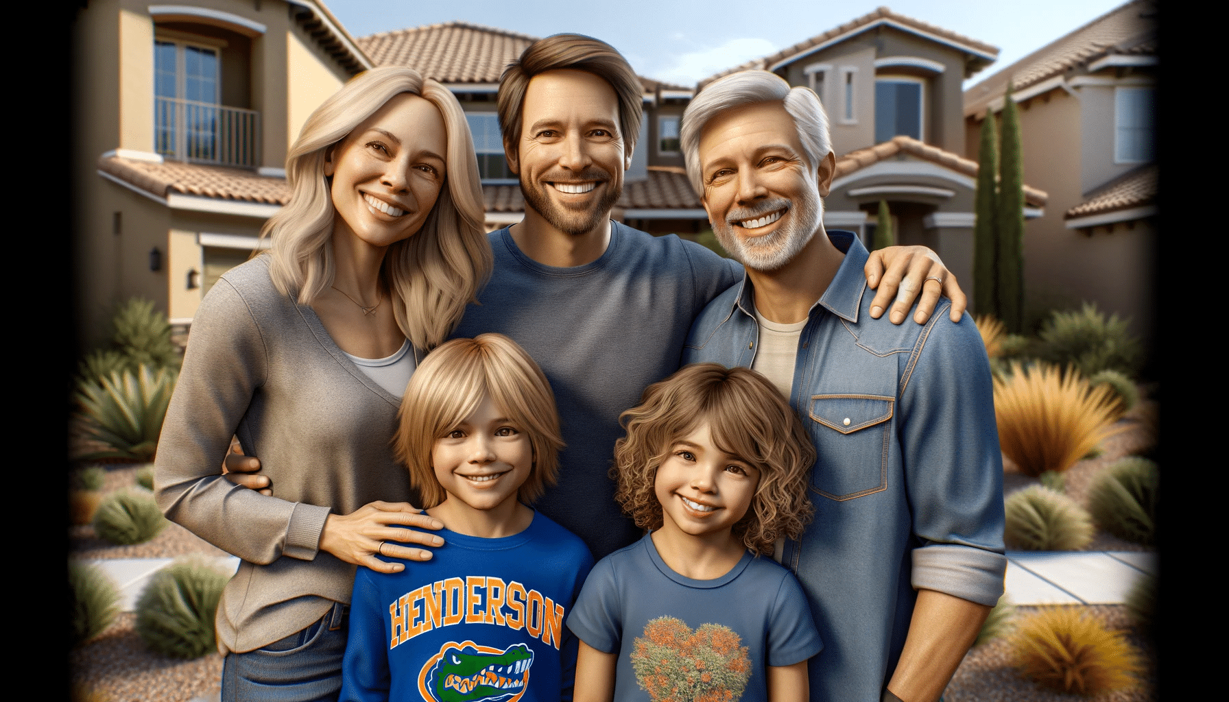 Happy family of four with one member wearing a Henderson Gators shirt, posing in front of a Nevada-style suburban home with drought-tolerant landscaping