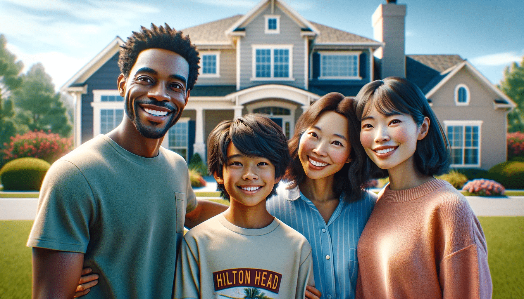 A family of four, consisting of a husband, a wife, a son, and a daughter. They are all smiling, standing in front of a beautiful suburban home. The scene is set in a sunny, vibrant outdoor setting, appearing as if taken by a professional photographer. The image is rendered in a 4K hyper-realistic style, highlighting detailed facial expressions, the textures of their clothing, and the architectural beauty of the house. Notably, one family member is prominently wearing a shirt with 'Hilton Head' visibly and legibly written on it.