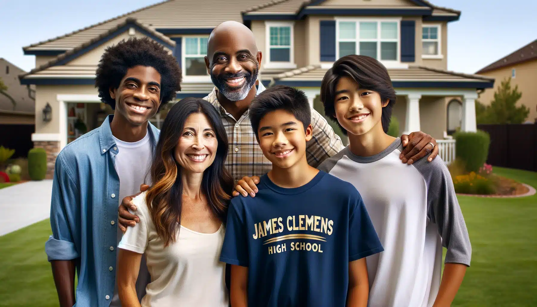 The first image features a family with a father, a mother, a teenage son in a James Clemens High School shirt, and a teenage daughter, all smiling in front of a picturesque suburban home. The second image is similar, showcasing the happy family in a beautiful suburban setting, emphasizing their casual yet elegant stance in a professional portrait style.