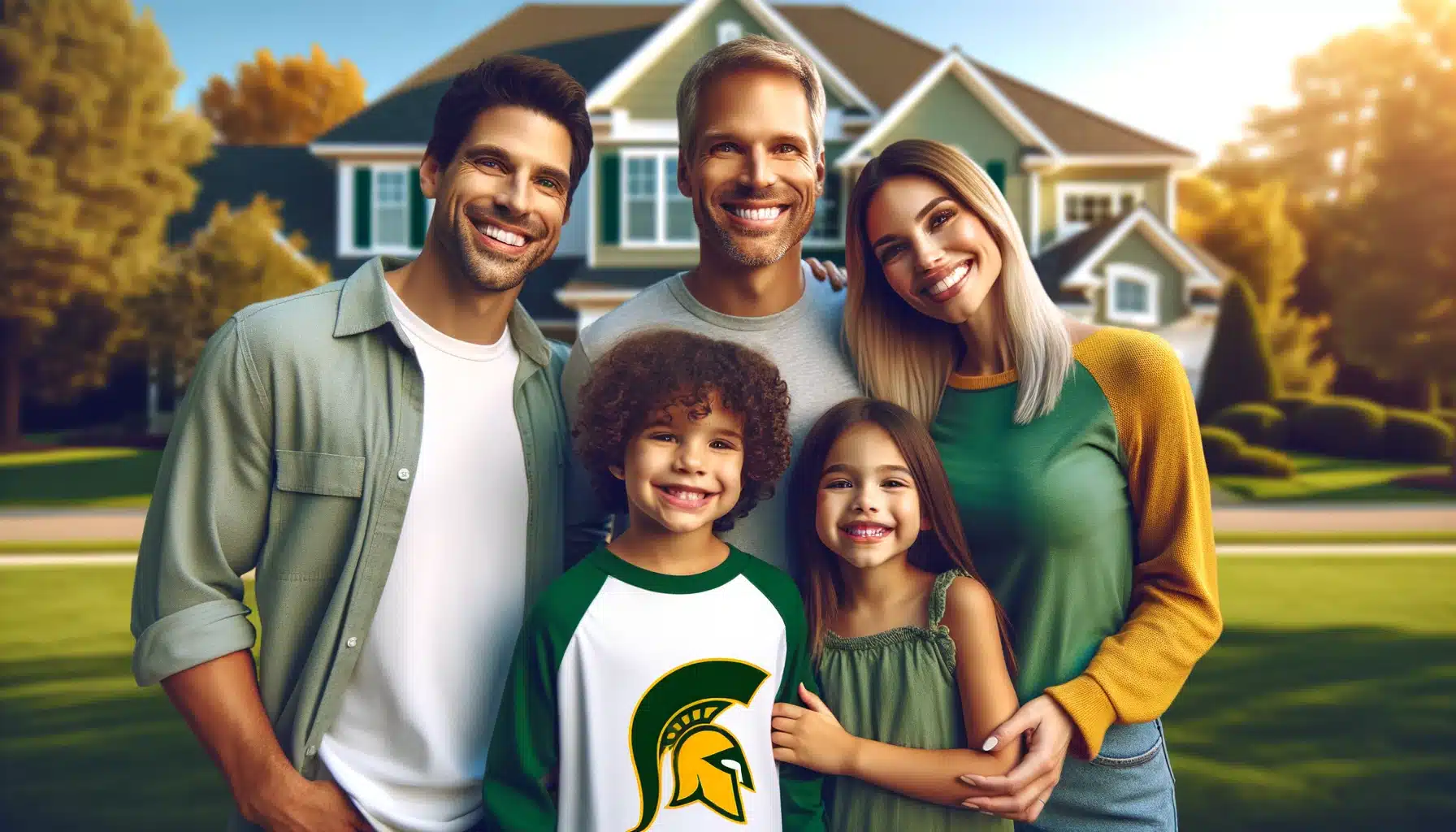 Image of a family, including a father, mother, son, and daughter, smiling in front of a beautiful suburban home. The daughter is wearing a green and yellow shirt with a side view of a Spartan helmet, representing the Mountain Brook Spartans. The family appears happy and close-knit, standing together in a natural, affectionate pose. The house in the background is elegant and modern, with a well-maintained lawn. The image has a hyper-realistic quality, akin to a professional family portrait.