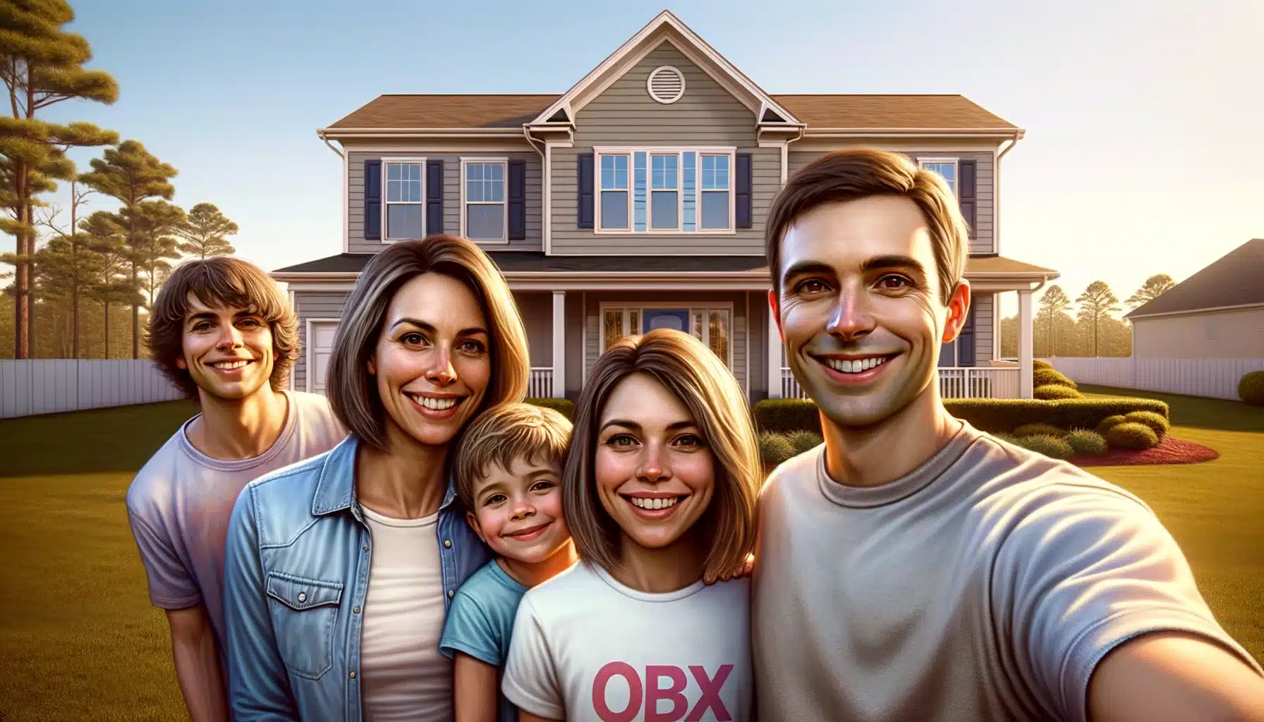 Happy family of five with two parents, two teenagers, and a young child, smiling in front of their two-story house in the Outer Banks, North Carolina, during sunset.