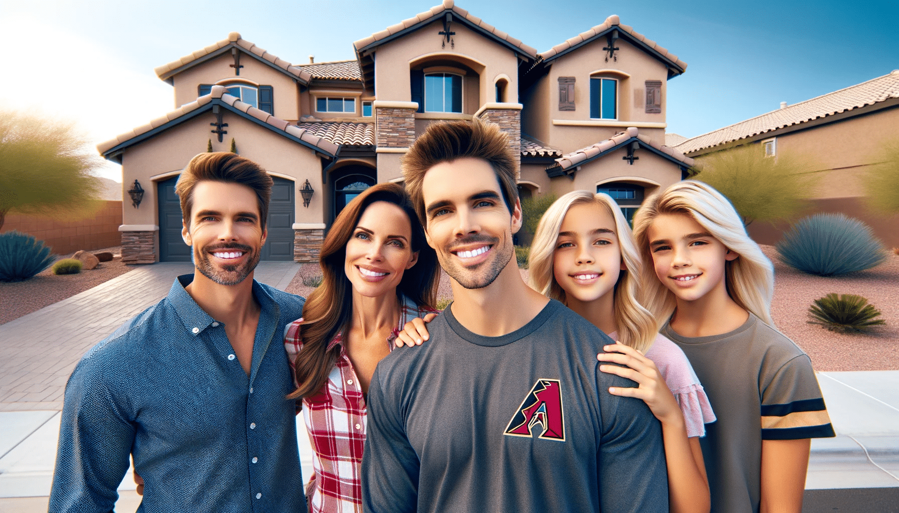 Happy family of four, with a husband, wife, son, and daughter, smiling in front of a Nevada-style suburban home on a sunny day, one wearing an Arizona Diamondbacks shirt.