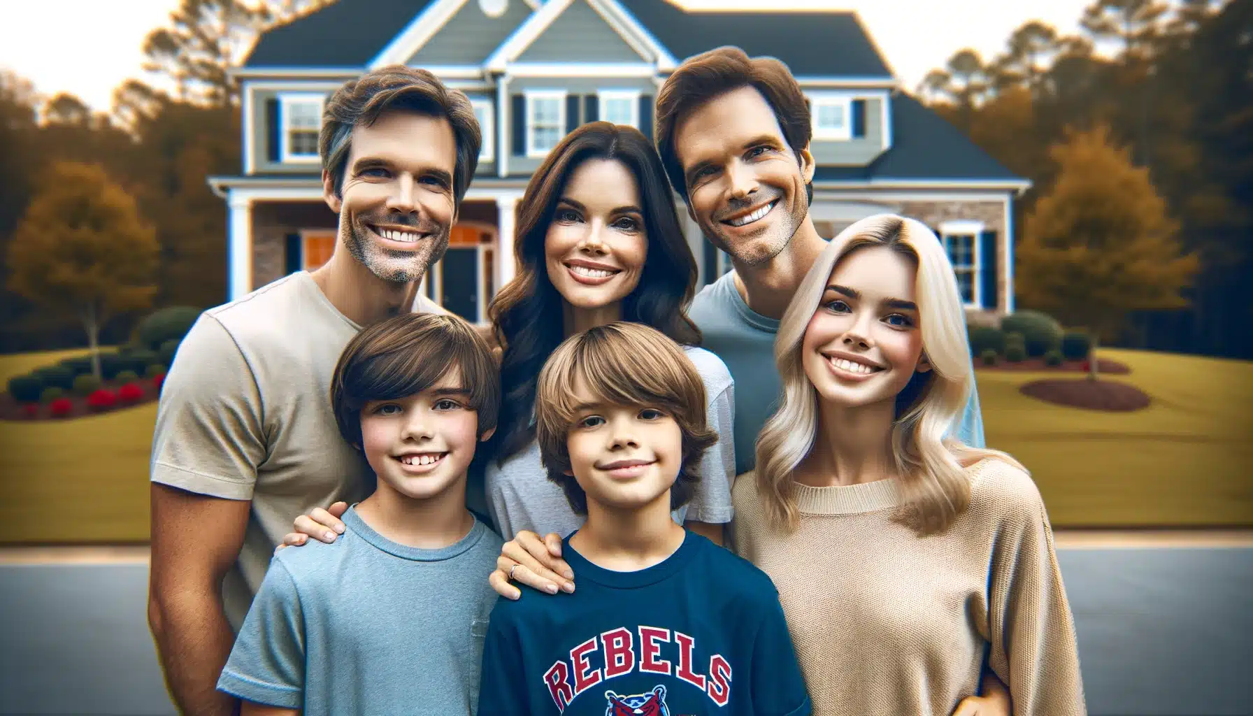 a portrait of a smiling family of five in front of their house during the day. Two adults, a man and a woman, are in the back. The man has short brown hair and stubble, wearing a neutral-colored t-shirt. The woman has long dark hair and is wearing a gray top. In front of them are three children; the eldest is a blonde girl, smiling with braces, wearing a beige sweater. She's leaning on the man's shoulder. To her right are two younger boys who look similar, possibly twins, with light brown hair and wearing casual t-shirts, one in blue with the word "REBELS" on it. The house behind them is a large, two-story home with a dark roof and blue and white siding. The lawn is well-kept, and there are trees and shrubs in the background. The family appears happy and closely bonded.