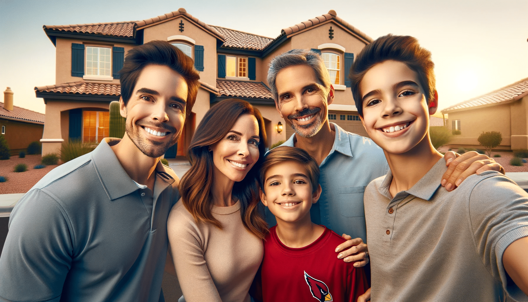 A smiling family consisting of a woman, a man, a grandfather, a son, and a daughter, posed in front of a picturesque suburban stucco house with clay shingles. The family is dressed casually, with one member notably wearing an Arizona Cardinals shirt. They are standing close together, exuding warmth and happiness. The house in the background features a classic suburban design, with notable details like windows, a front door, and landscaping. The image is rendered in 4k hyper-realistic quality, capturing the essence of a professional family portrait. The lighting is warm and inviting, enhancing the cheerful expressions of the family and the architectural beauty of their home.