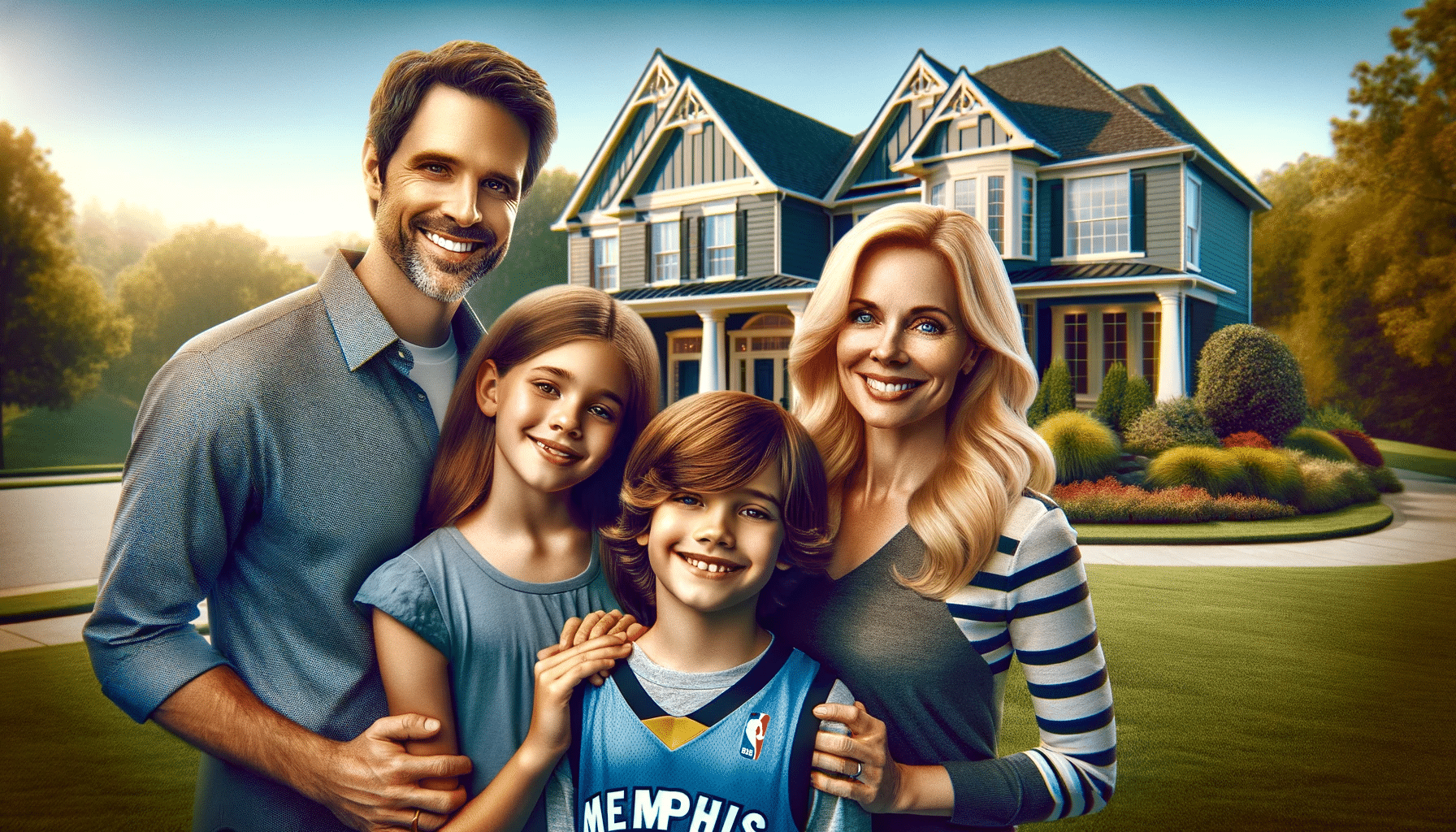 A family portrait in front of a beautiful suburban home. The family consists of a husband, a wife, a son, and a daughter, all smiling. The son is wearing a shirt resembling a sports team jersey, in colors and style suggestive of the Memphis Grizzlies. The suburban house in the background has a well-maintained lawn and a welcoming appearance.