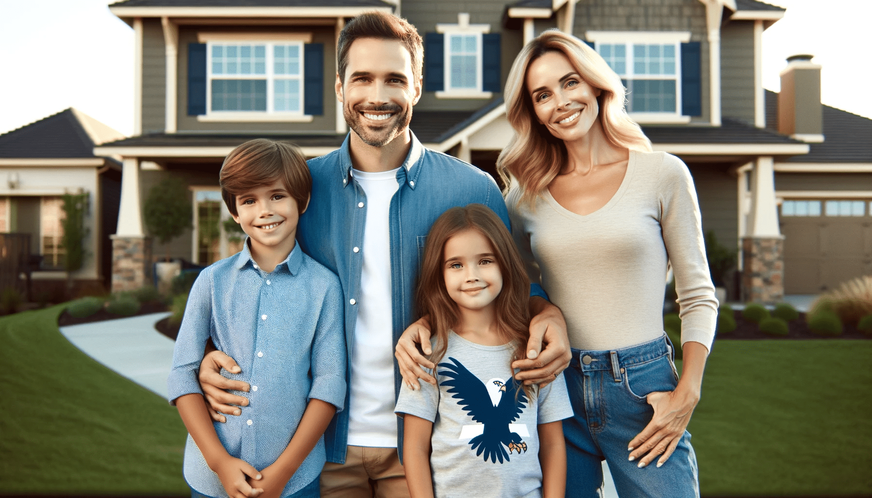 A family portrait in front of a suburban home. It features one adult man and one adult woman, presumably a husband and wife, along with their two children: a son and a daughter. The family is smiling and appears happy, creating a warm and cohesive atmosphere. Either the son or daughter is wearing a shirt adorned with an eagle design, symbolizing their local school mascot.