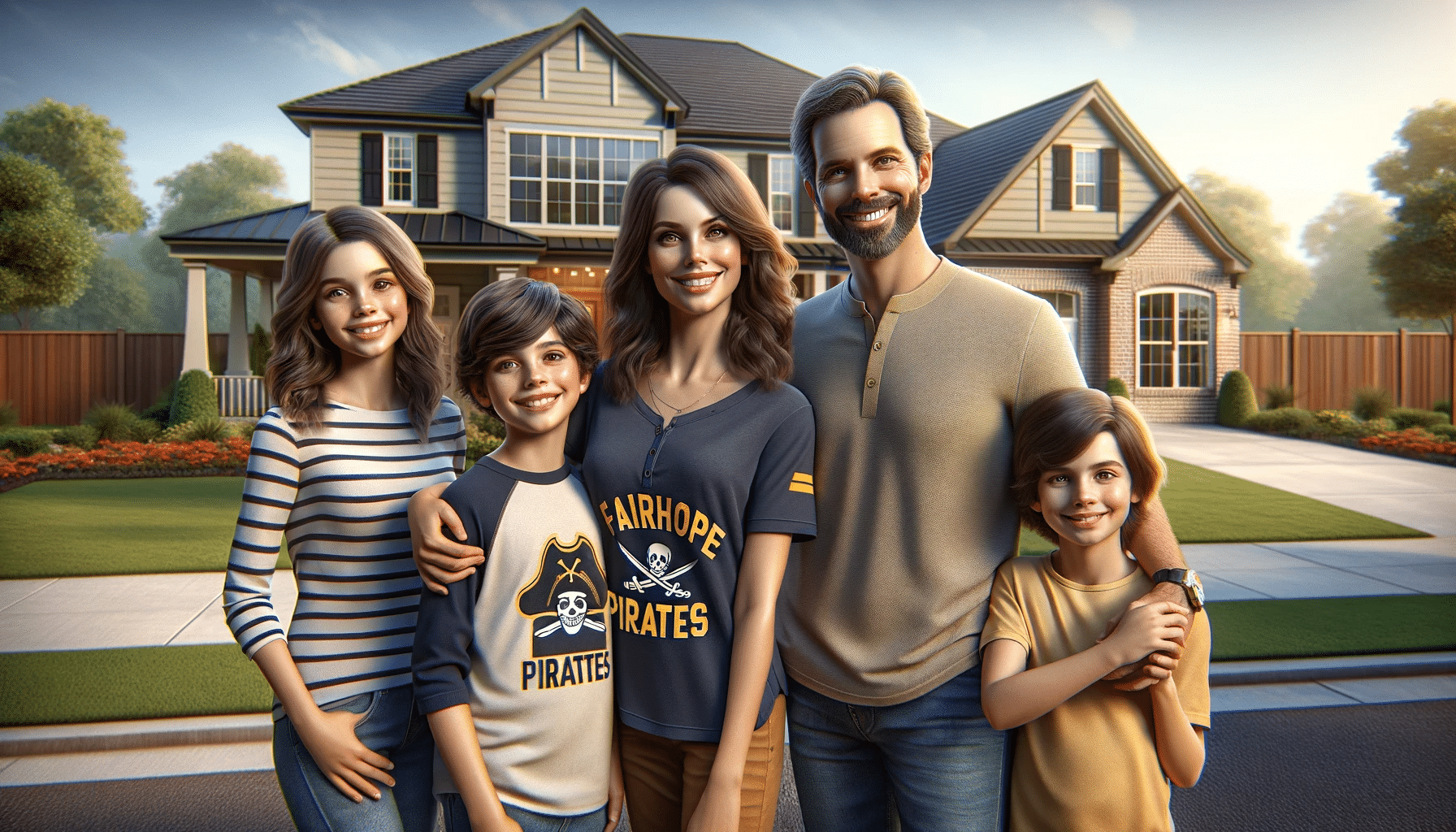 A family portrait in front of a suburban home. The family, consisting of a husband, a wife, one son, and one daughter, is smiling warmly. One of the family members is wearing a Fairhope Pirates shirt. The home in the background is modern with a well-maintained, neatly landscaped yard. The setting is bright and sunny, enhancing the cheerful and inviting atmosphere of the scene.