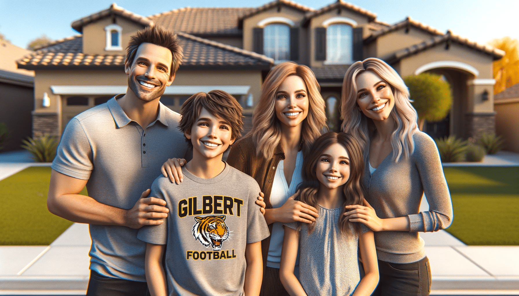 A happy family of four standing in front of a well-kept suburban home. From left to right, there's a husband, wife, son, and daughter. The son, standing next to his sister, wears a shirt with "Gilbert Tigers Football" correctly printed on it. They are all smiling, positioned as if for a professional family photograph. The setting is a sunny day with a clear blue sky, enhancing the warm and joyful atmosphere of the scene.