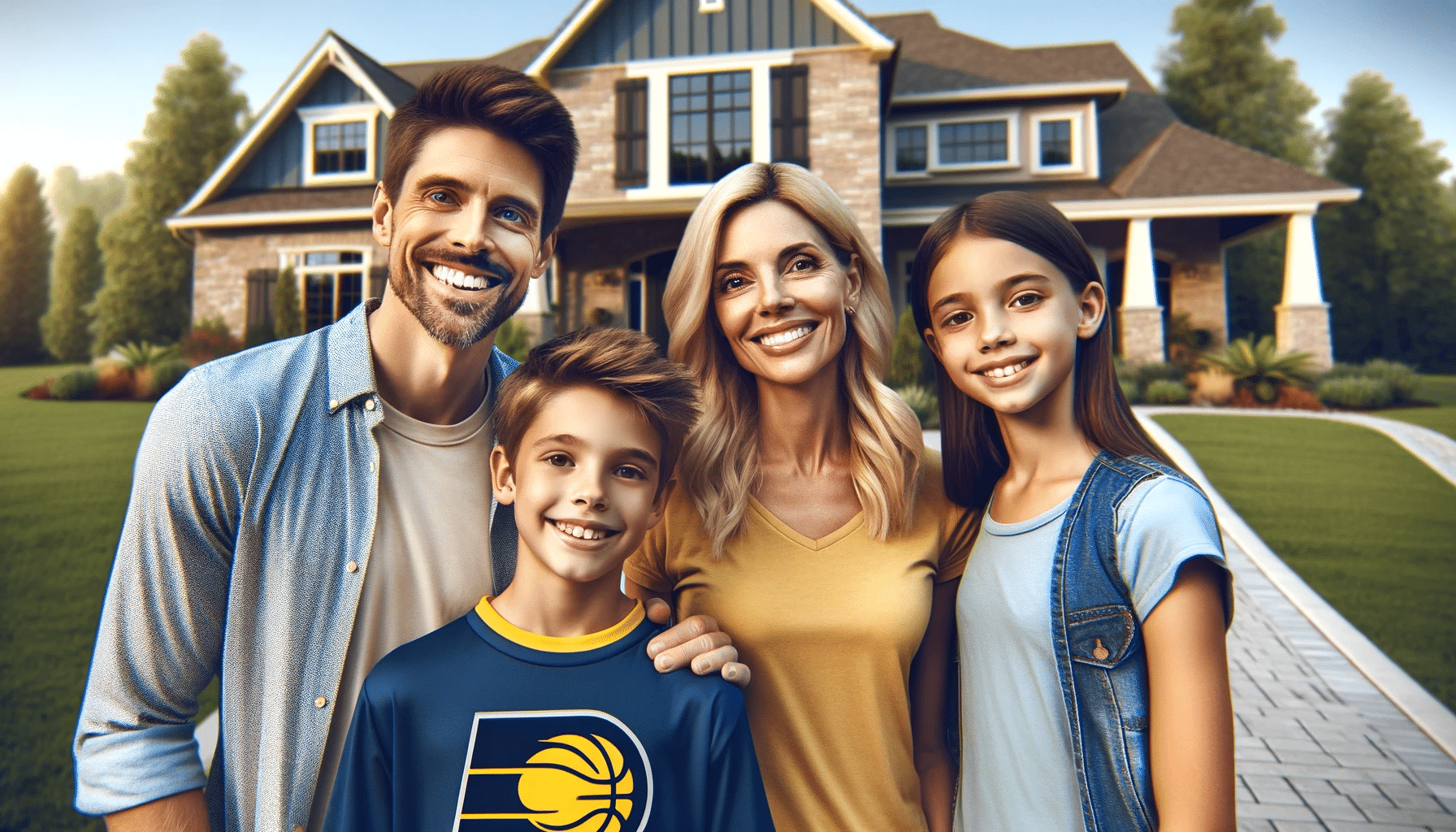 A smiling family of four in front of a beautiful suburban home. The family includes a husband, a wife, a son, and a daughter, with one of them wearing an Indiana Pacers shirt. The setting is hyper-realistic, resembling a professional family portrait taken by a photographer. The suburban home in the background adds a serene and homely atmosphere to the scene.