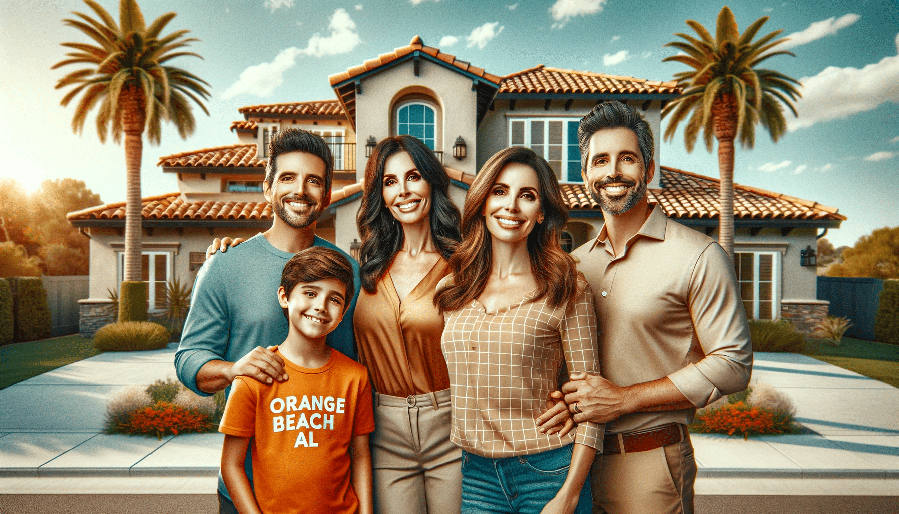 A happy family, including a husband, a wife, a son, and a daughter, standing in front of a suburban house with a Spanish tile roof. A tall, lush palm tree stands beside the house, enhancing the sunny and pleasant environment. The family, dressed in casual yet stylish clothing, smiles warmly. One of the family members wears a bright orange t-shirt with 'Orange Beach AL' printed on it. The photo captures a realistic and professional look, with the family centrally positioned, radiating joy and unity against their distinctively styled home.