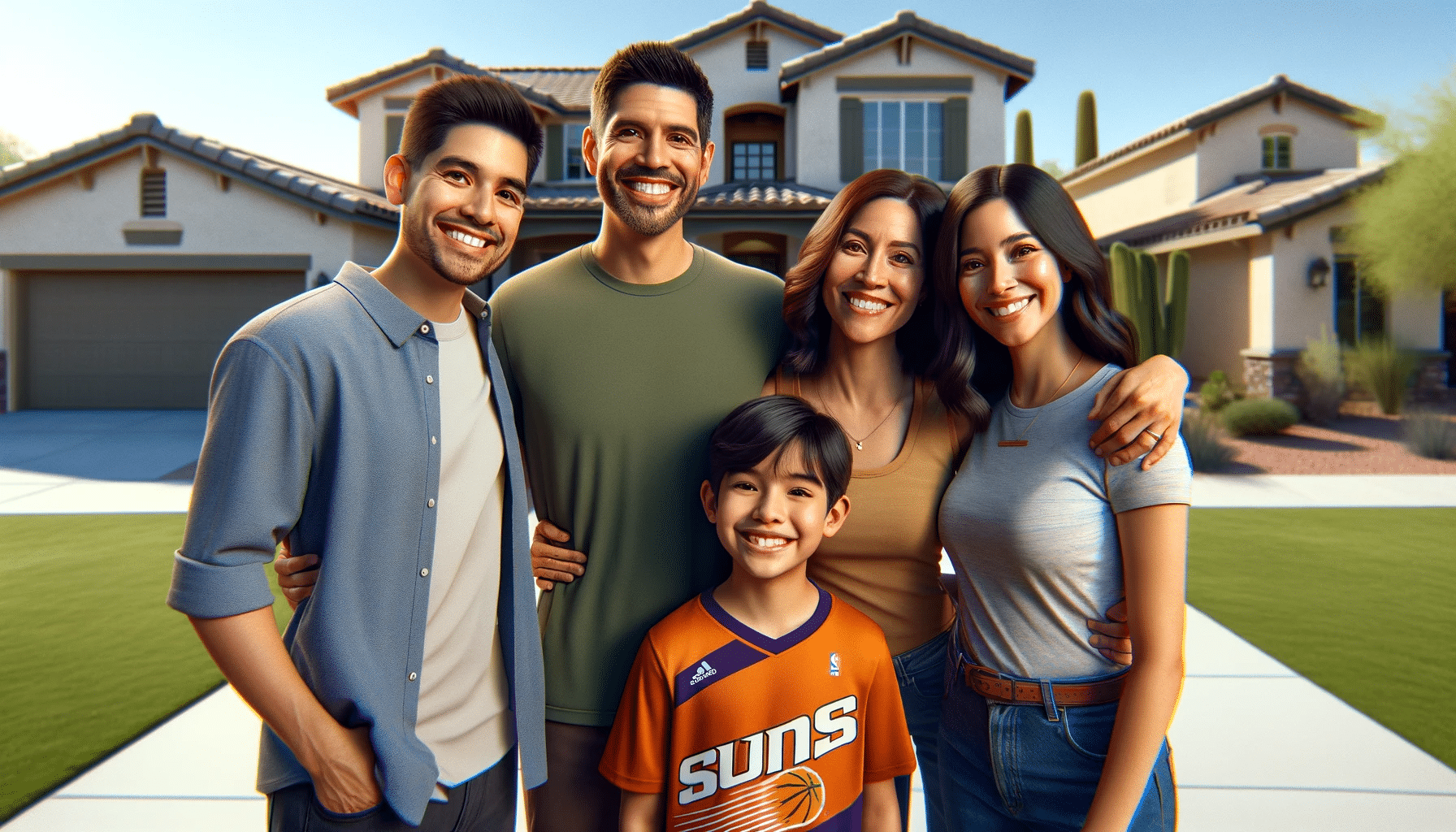 A smiling Hispanic family consisting of 2 husbands, 2 wives and a son, standing in front of a beautiful suburban home. One family member is wearing a Phoenix Suns shirt. The scene is rendered in a hyper-realistic style, reminiscent of a professional family portrait. The background features a modern, well-maintained house, set in a sunny, suburban environment.