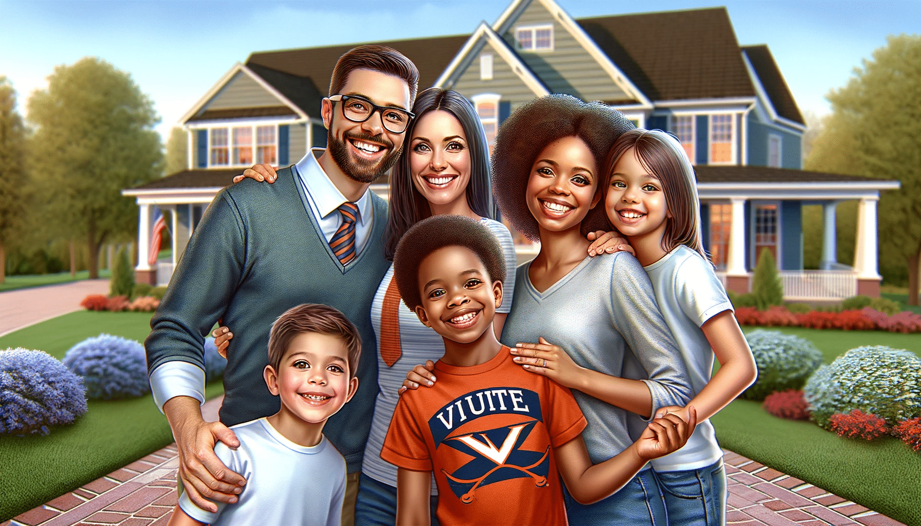 Happy family posing in front of their suburban home, with one member wearing a University of Virginia Cavaliers shirt, in a professional family portrait style.