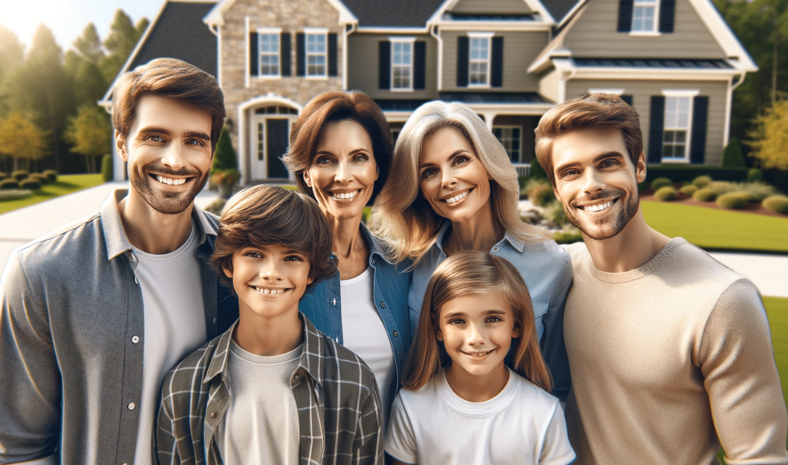 A smiling family of four, including a husband, wife, son, and daughter, stands in front of a picturesque suburban home. The family is dressed in casual attire, with one member donning a Charleston SC shirt. The backdrop features a sunny sky and well-maintained landscaping, contributing to the warmth of the scene. The image exudes a high level of detail and realism, reminiscent of a professional family portrait.