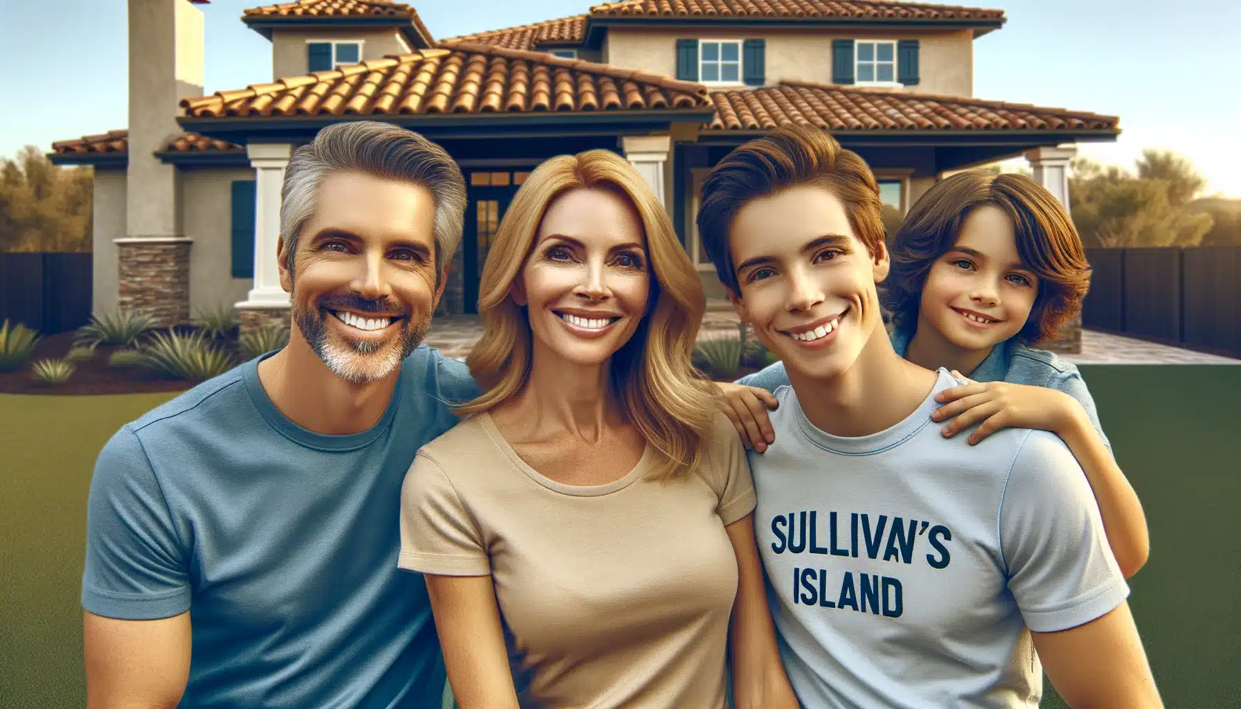 A happy family of four, including a husband, a wife, a son, and a daughter, standing in front of an elegant suburban home. The home features a distinctive clay tile roof, adding a warm and traditional touch to the setting. One family member is notably wearing a 'Sullivan's Island' shirt. They are all posing naturally, capturing the essence of a candid family portrait. The scene is highly detailed and hyper-realistic, resembling a high-quality 4k resolution photograph.