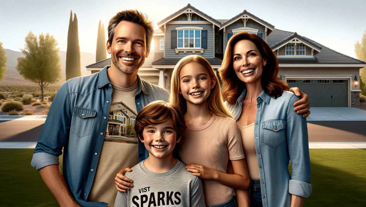 A smiling family of four, consisting of a husband, wife, son, and daughter, standing in front of a beautiful suburban home under a clear blue sky. The family is dressed casually, with one member wearing a shirt that says "Visit Sparks Nevada." The home features a well-manicured lawn and a picturesque facade, contributing to the warm and inviting atmosphere. The image captures a moment of joy and togetherness, rendered in hyper-realistic detail to resemble a professional photograph.