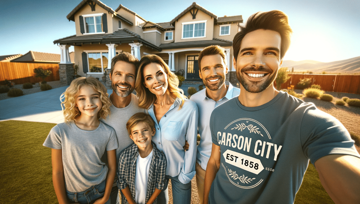 a smiling family of four standing in front of a beautiful suburban home under a clear blue sky. The family consists of a husband, a wife, a son, and a daughter, with one of them wearing a T-shirt that prominently displays "Carson City Est 1858." They are grouped together in a natural, happy pose, embodying the essence of a perfect family portrait. The image is rendered in 4k hyper-realistic quality, capturing the joyous expressions of the family and the intricate details of the suburban backdrop, illuminated by gentle sunlight.