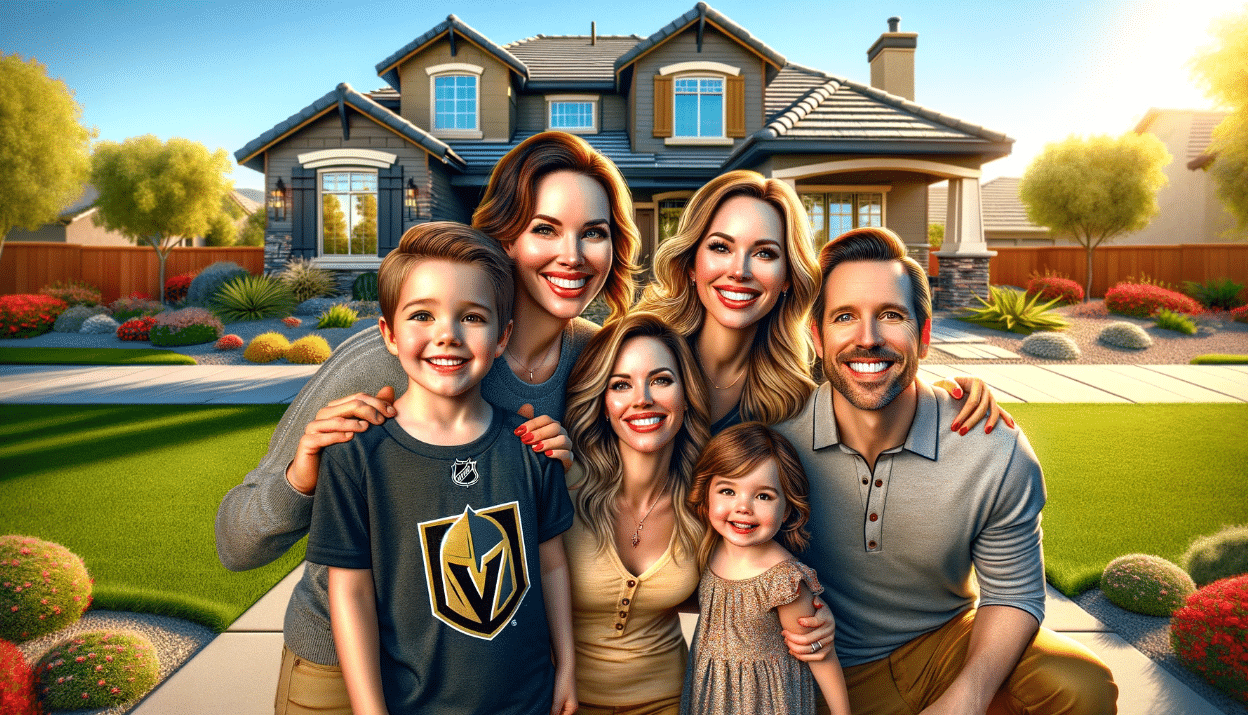 A joyful family of four stands in front of their inviting suburban home, basking in the glow of a sunny day. They are all smiling warmly, embodying the picture-perfect essence of family happiness. The composition highlights a husband, wife, son, and daughter, with one of them showcasing their support for the Vegas Golden Knights through their attire. The home behind them features an immaculately maintained lawn and an attractive facade, set against a backdrop of a clear, blue sky, which altogether paints a serene and idyllic suburban setting.