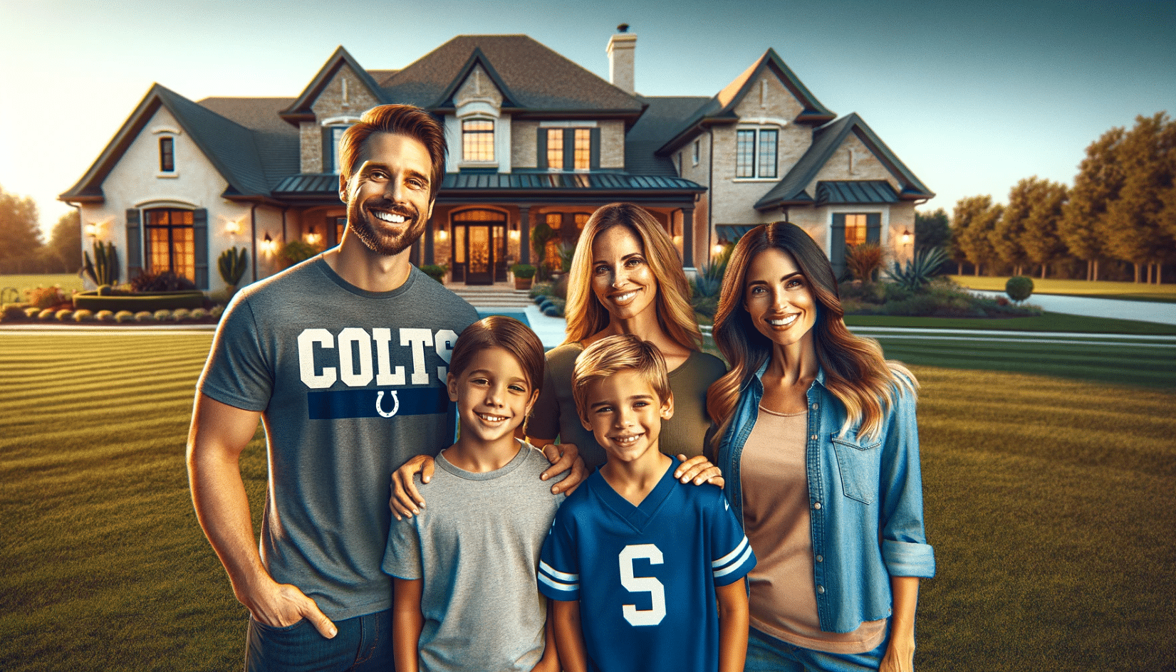 A smiling family of four—husband, wife, son, and daughter—standing in front of a picturesque suburban home. The scene is bathed in the soft light of a sunny day, enhancing the inviting ambiance of the well-maintained lawn and elegant home architecture. One family member is wearing a shirt with "Colts" written in bold letters, integrating seamlessly into the harmonious and joyful group portrait. The image captures a moment of familial happiness in a realistic and professional manner, reminiscent of high-quality photography.