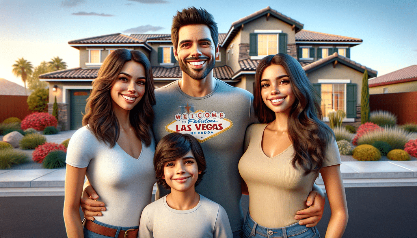 a smiling Hispanic family of four standing in front of a beautiful suburban home under a clear blue sky. The family consists of a husband, a Hispanic wife, a Hispanic daughter, and a Hispanic son, all looking happy and content. One of the family members is wearing a T-shirt with the correctly spelled message "Visit Las Vegas". The scene is captured in a hyper-realistic style, resembling a high-quality photograph taken by a professional photographer. The modern home in the background features well-manicured lawns and a welcoming ambiance. The family's Hispanic heritage is clearly reflected in their features, providing a realistic portrayal of their ethnicity.