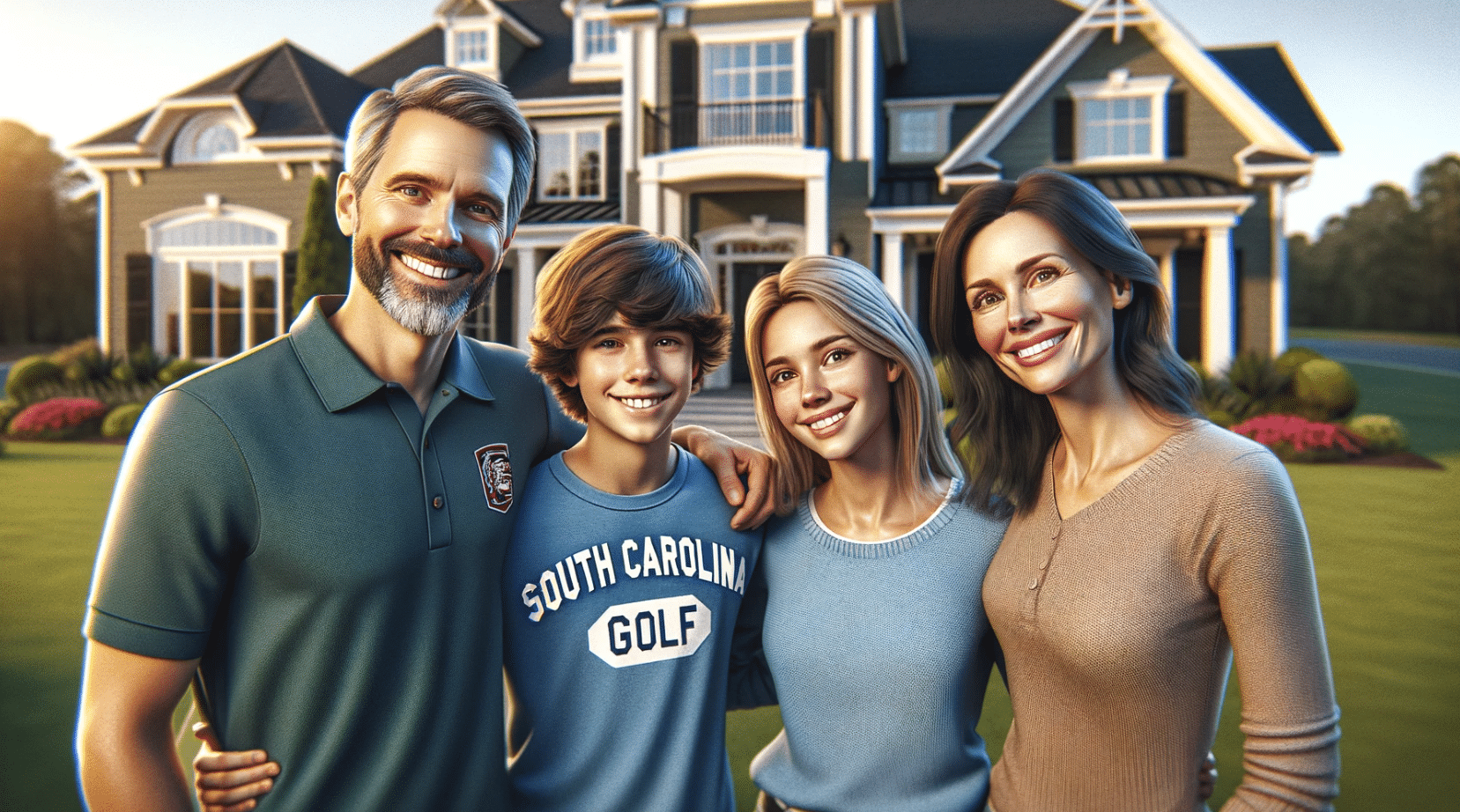 A smiling family of four, standing in front of an elegant suburban home. The family, composed of a husband, wife, son, and daughter, looks happy and cohesive. One of the family members is wearing a shirt labeled 'South Carolina Golf'. The setting is very realistic, depicting a sunny day with the house and lawn well-maintained, contributing to the serene suburban atmosphere.