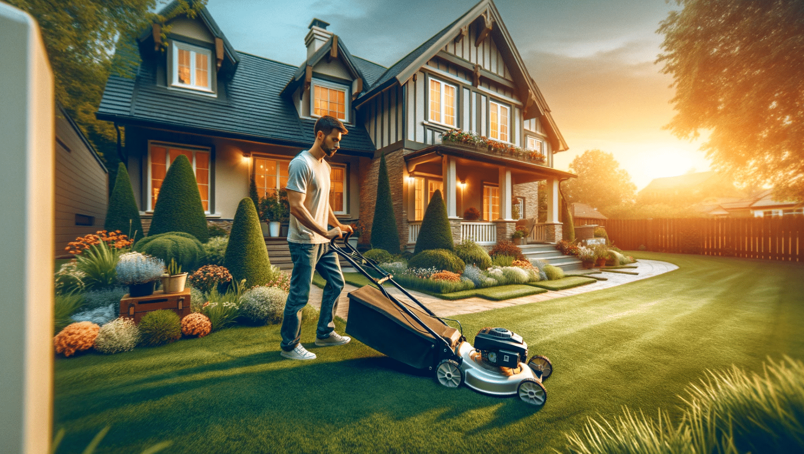 A man mowing the lawn in front of a beautiful suburban home during the golden hour, creating a warm and inviting scene. The house is a two-story building surrounded by meticulously maintained landscaping, including blooming flowers and trimmed hedges. The man is wearing casual attire appropriate for yard work and is focused on his task. The images are designed to be hyper-realistic, emulating the quality of a professional family photo shoot, with attention to detail in lighting, composition, and color vibrancy, simulating 4K resolution.