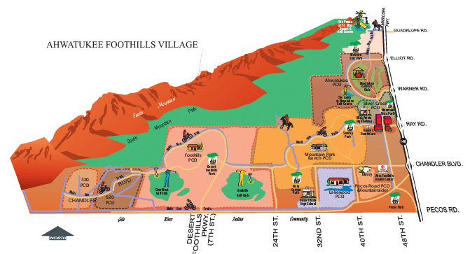 a colorful, stylized map of the Ahwatukee Foothills Village. This graphical map illustrates various landmarks, roads, and areas of interest within the village, using a combination of pictorial icons and labels to represent different locations such as parks, educational institutions, and recreational areas. The map uses a vibrant color palette to demarcate different zones and features, making it visually engaging and easy to navigate at a glance.