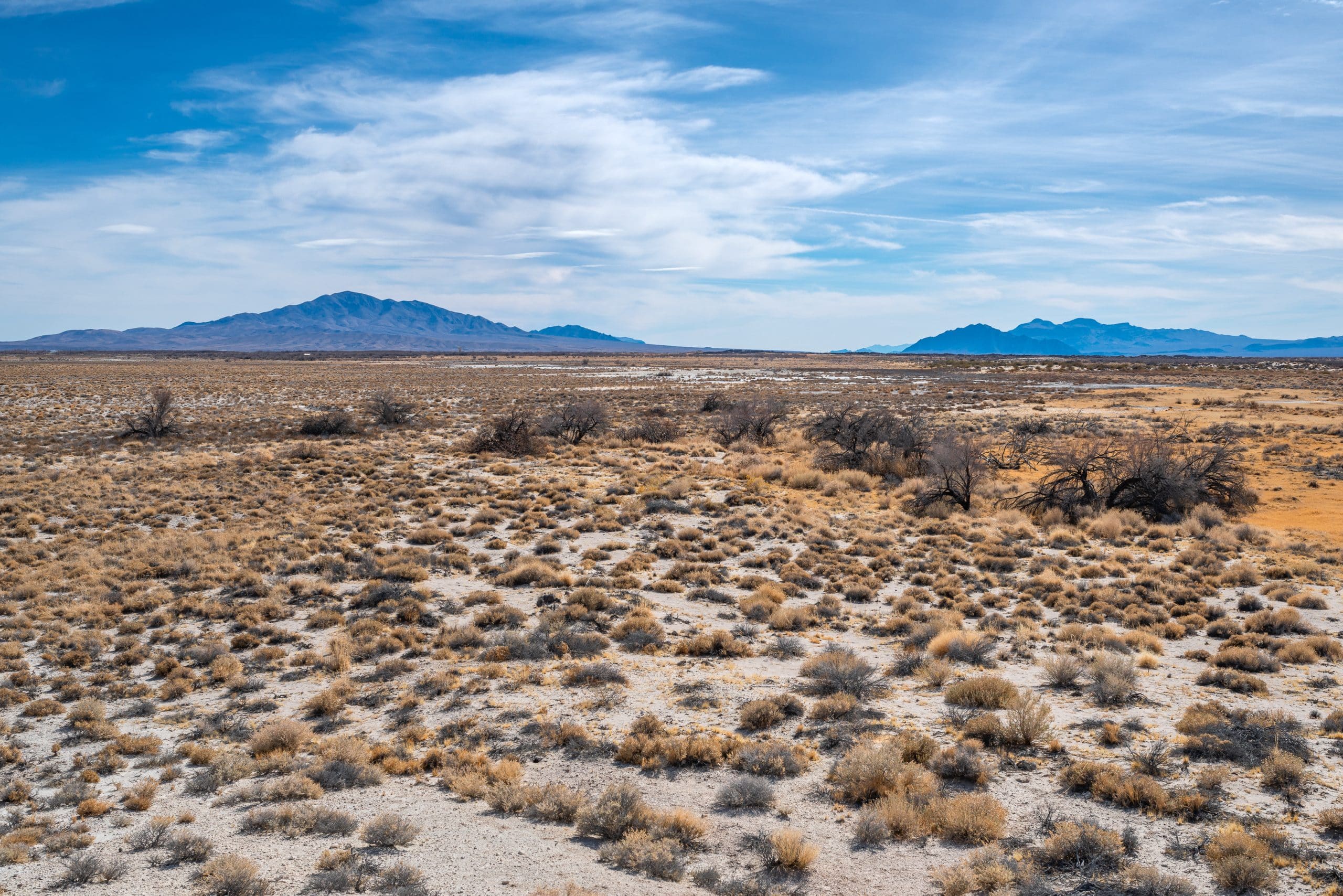 This image shows a scenic view of the Paradise AZ desert landscape, likely in the southwestern United States, given the vegetation and terrain. It features expansive flat terrain covered with desert scrub, primarily sagebrush and dried grasses. The foreground has patches of bare earth interspersed with clumps of dry grass. In the distance, there are several mountain ranges with gently sloping profiles under a vast blue sky with few clouds. This kind of landscape is typical of arid regions where rainfall is minimal, and the vegetation is adapted to survive in harsh, dry conditions.